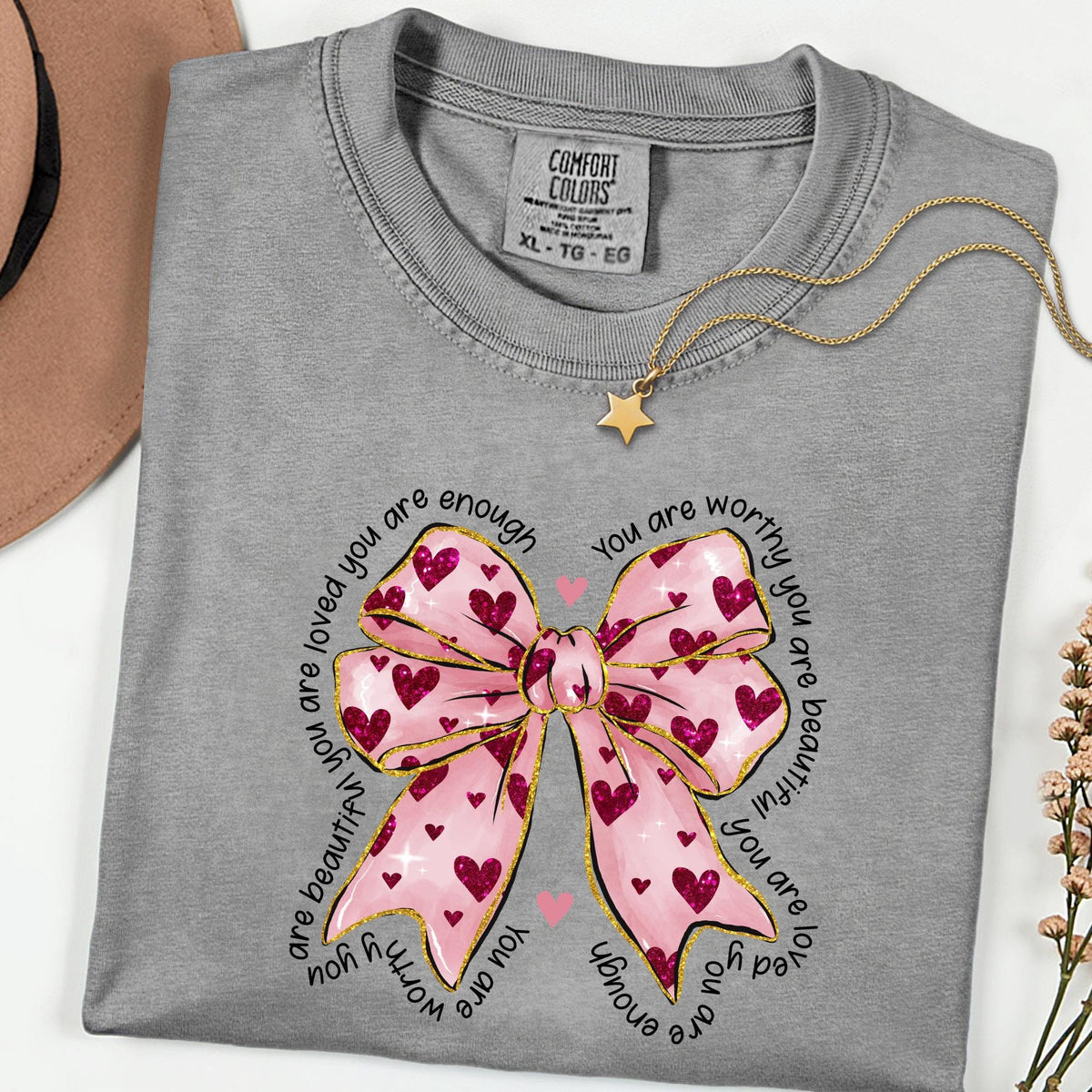 Comfort Colors® You Are Enough Shirt, Self Love Bow Tee, Positive Affirmation T Shirt, Mental Health Shirt, Cute Pink Bow Graphic