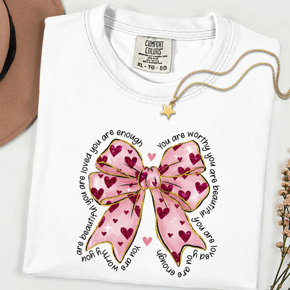 Comfort Colors® You Are Enough Shirt, Self Love Bow Tee, Positive Affirmation T Shirt, Mental Health Shirt, Cute Pink Bow Graphic