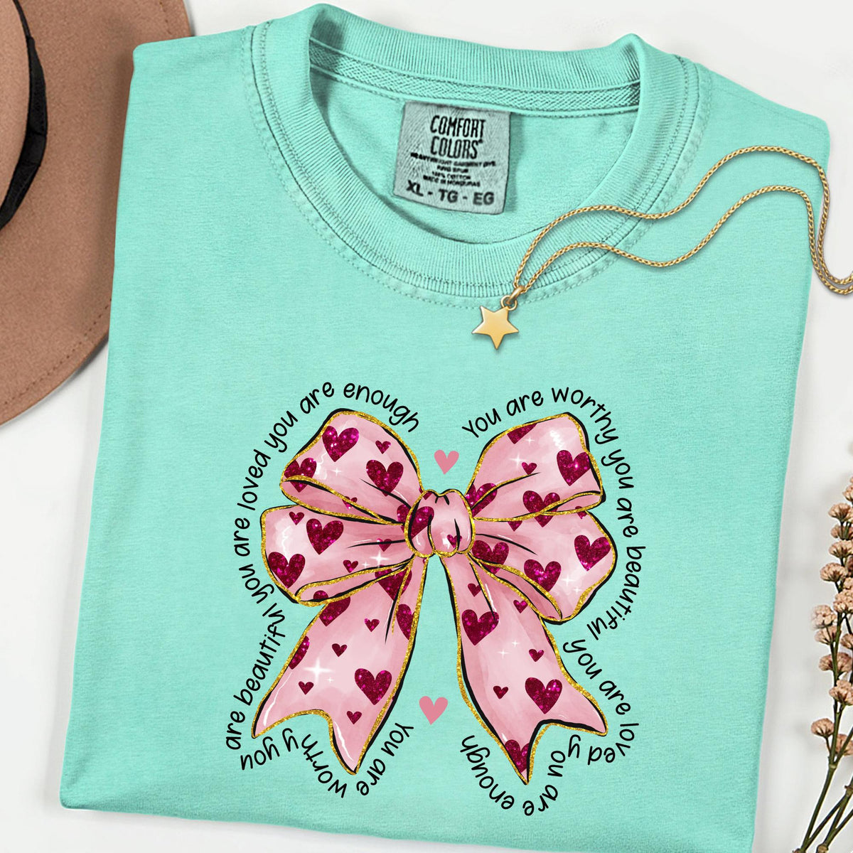 Comfort Colors® You Are Enough Shirt, Self Love Bow Tee, Positive Affirmation T Shirt, Mental Health Shirt, Cute Pink Bow Graphic