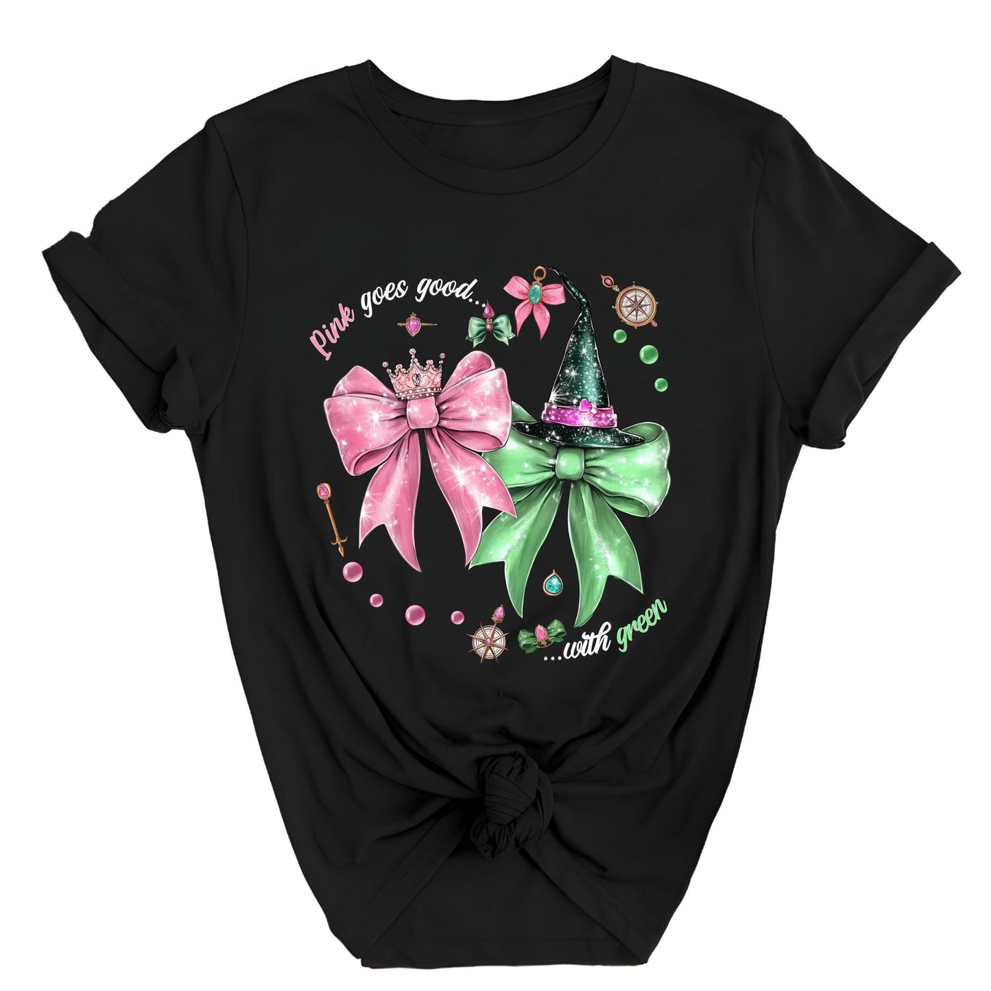 Coquette Bow Wicked Movie Inspired Shirt, Pink Goes Good With Green Tee