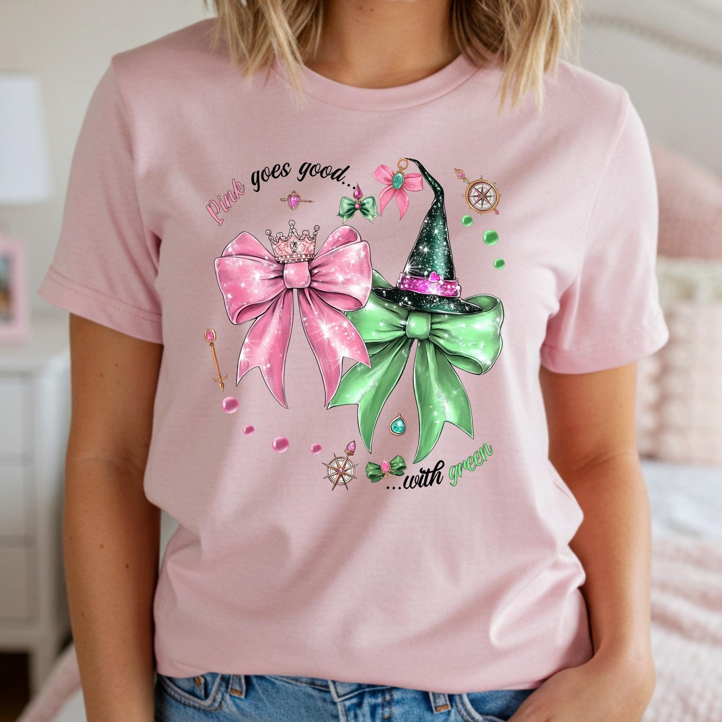 Coquette Bow Wicked Movie Inspired Shirt, Pink Goes Good With Green Tee