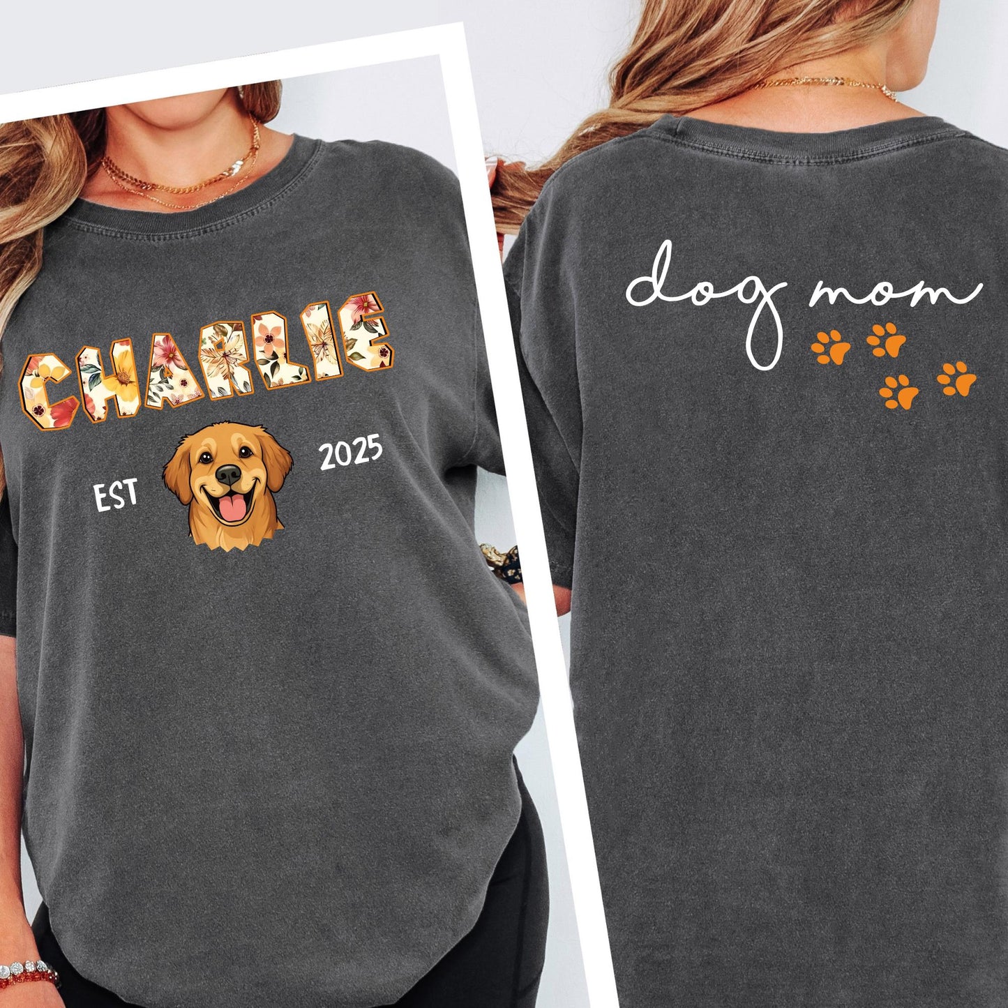 Custom Comfort Colors® Dog Mom Shirt, Personalized 2 Sides Pet Portrait Tshirt, Customizable Cat Mom Dad Tee