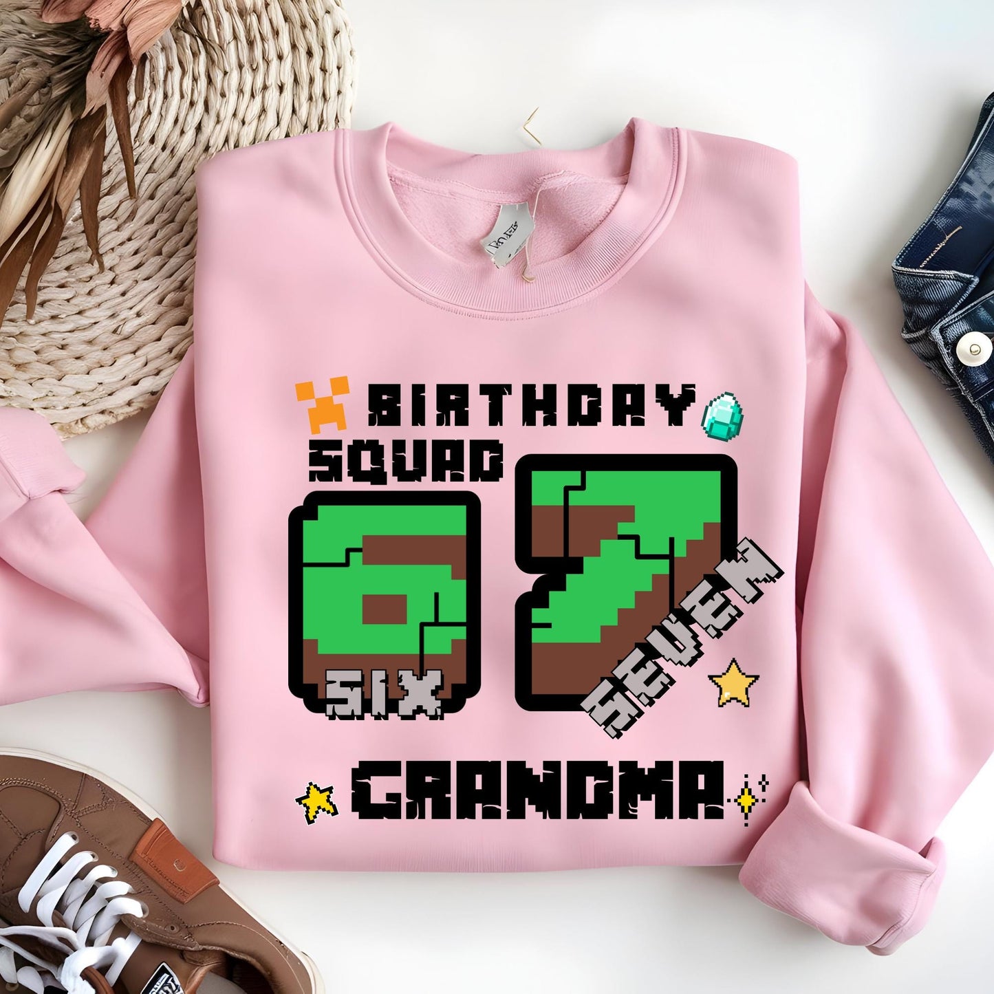 Personalized Gamer 6 7 Sweatshirt, I Was Six Now I Am Seven Birthday Squad Sweat, Pixel Meme Hoodie