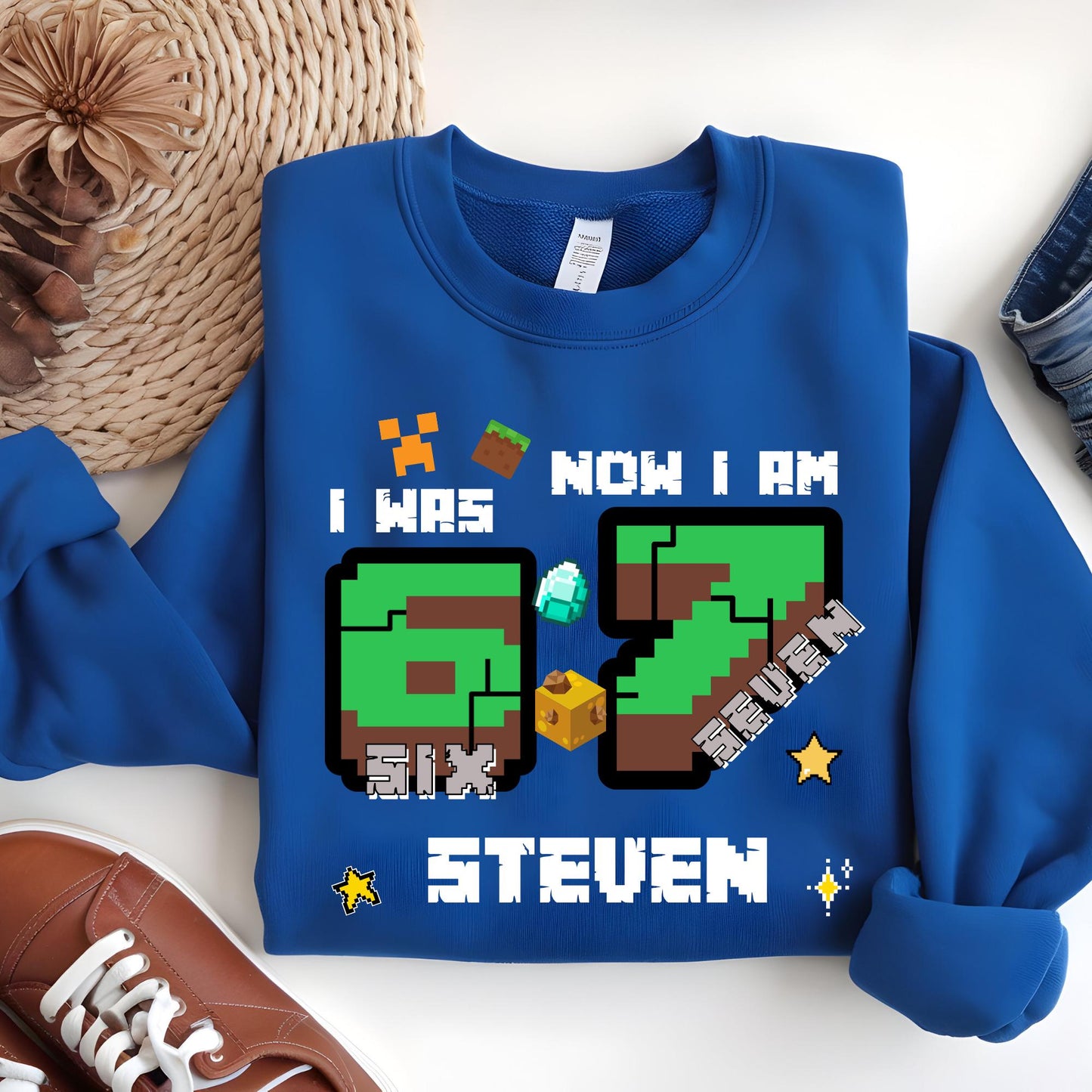Personalized Gamer 6 7 Sweatshirt, I Was Six Now I Am Seven Birthday Squad Sweat, Pixel Meme Hoodie