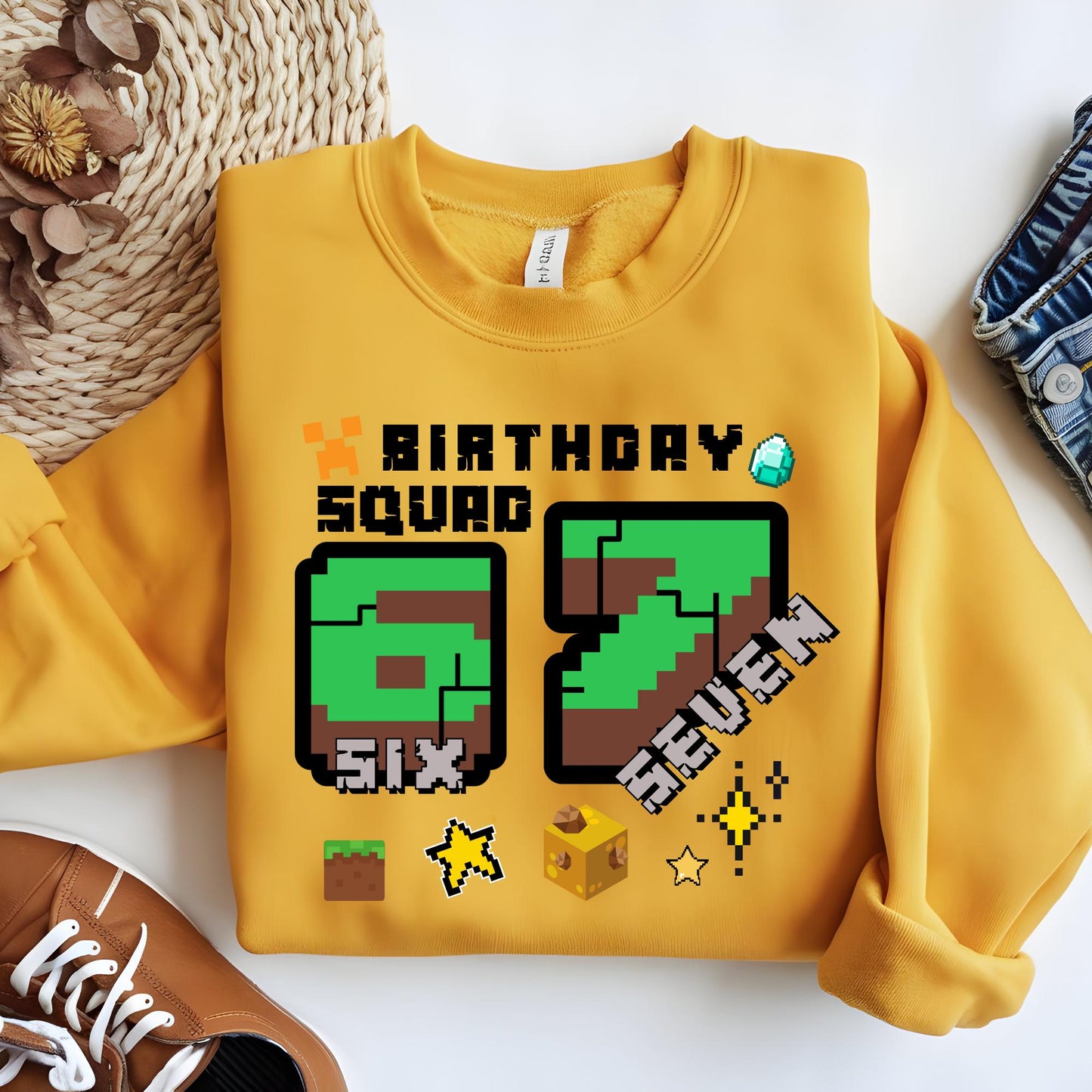 Personalized Gamer 6 7 Sweatshirt, I Was Six Now I Am Seven Birthday Squad Sweat, Pixel Meme Hoodie