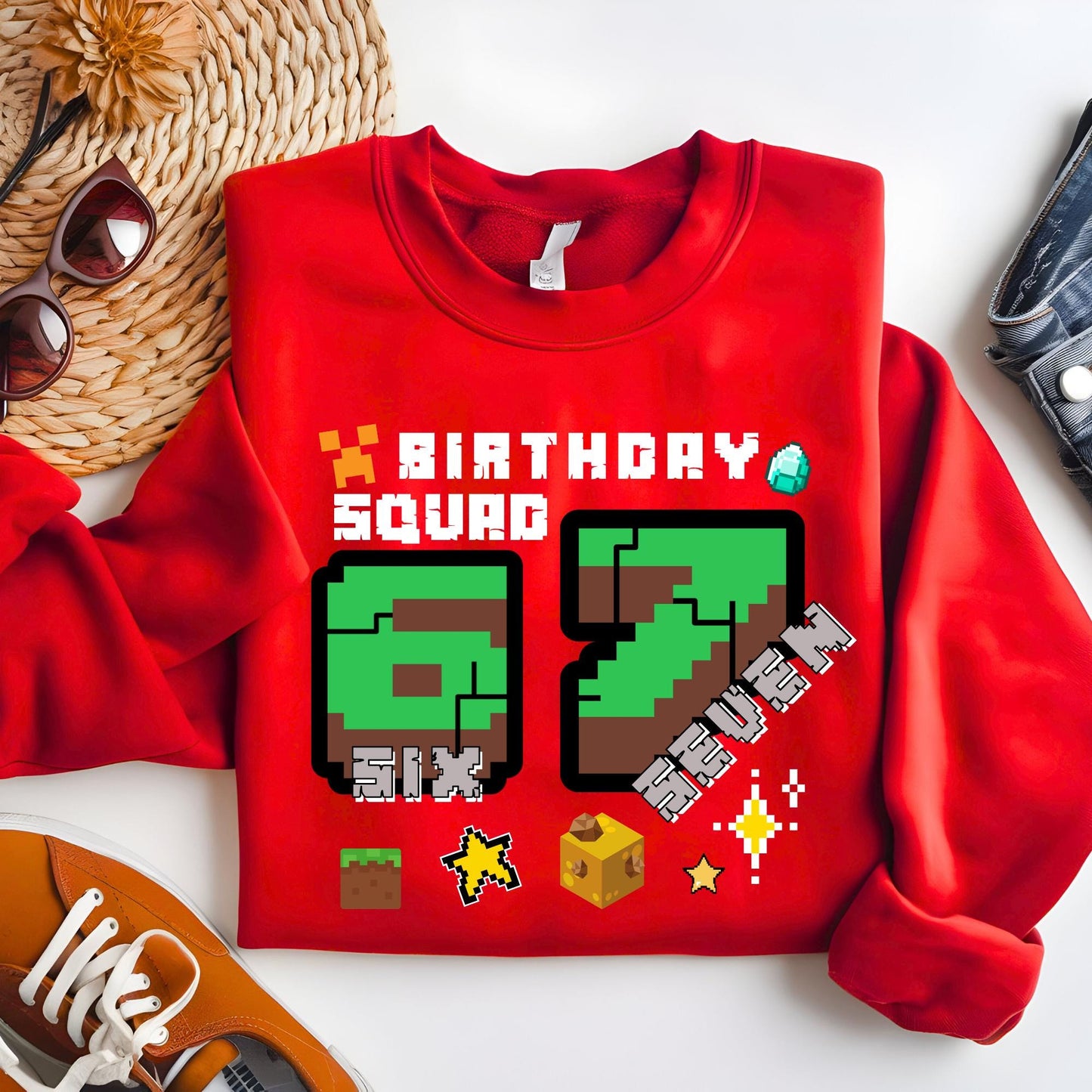 Personalized Gamer 6 7 Sweatshirt, I Was Six Now I Am Seven Birthday Squad Sweat, Pixel Meme Hoodie