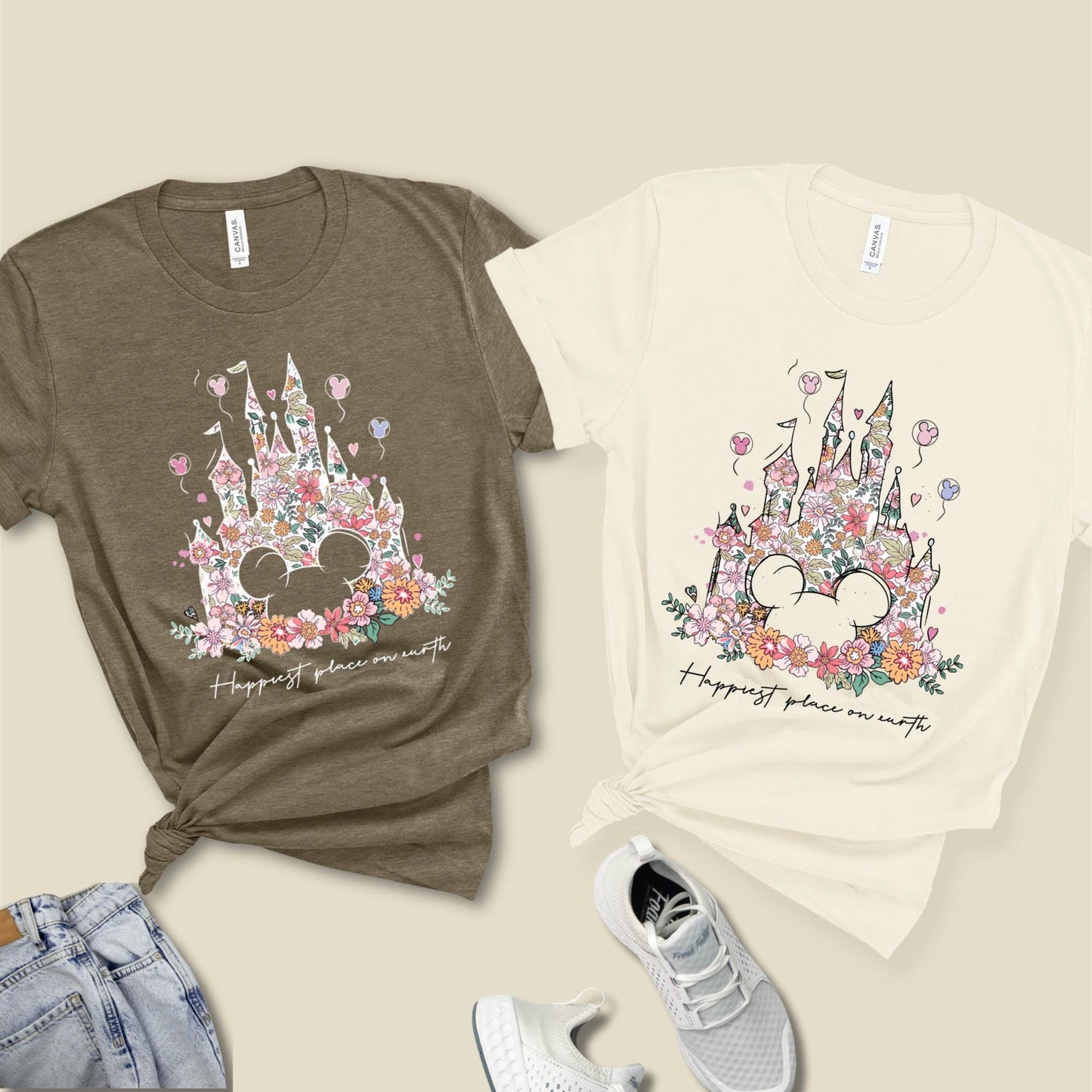 Disney Shirt Happiest Place On Earth Tee Magic Kingdom Tshirt Matching Retro Floral Disney Castle Shirts