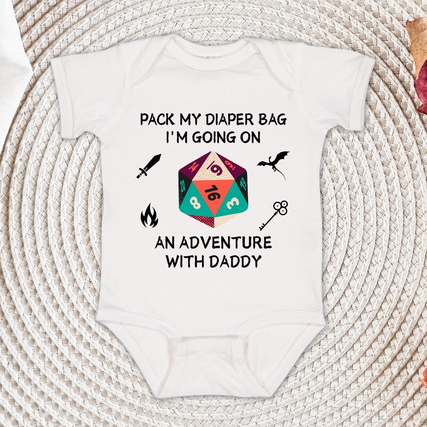 DND Baby Onesie® – Pack My Diaper Bag I’m Going on an Adventure With Daddy, Gamer Baby Gift, Dungeons & Dragons Bodysuit
