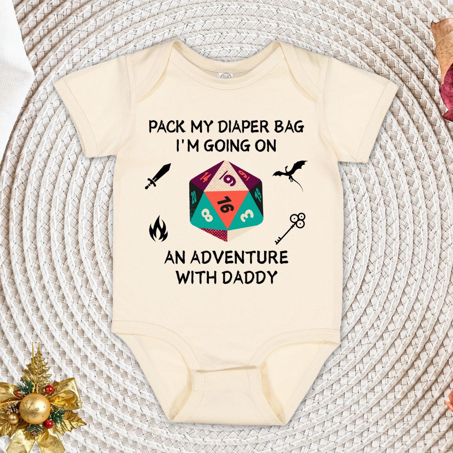 DND Baby Onesie® – Pack My Diaper Bag I’m Going on an Adventure With Daddy, Gamer Baby Gift, Dungeons & Dragons Bodysuit