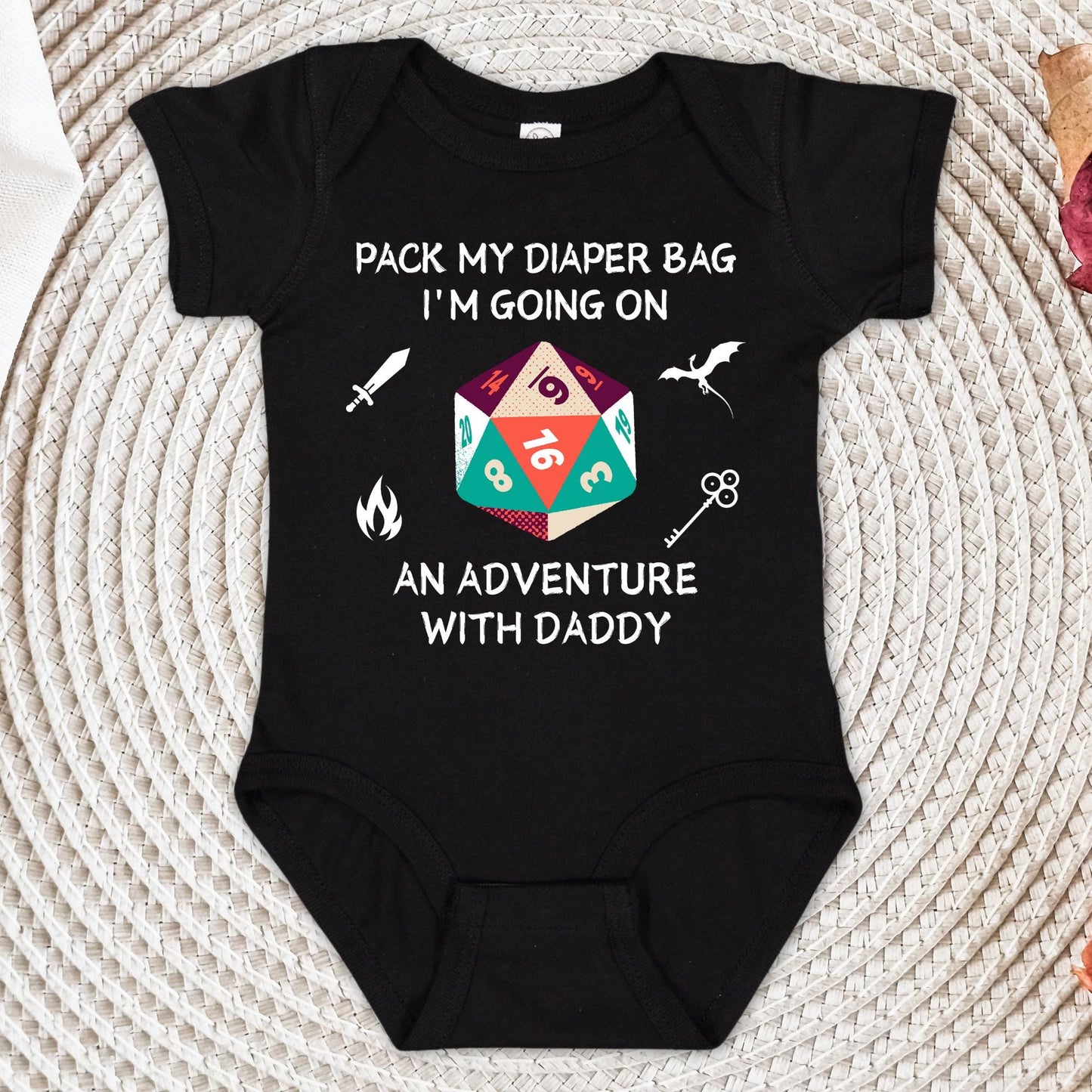 DND Baby Onesie® – Pack My Diaper Bag I’m Going on an Adventure With Daddy, Gamer Baby Gift, Dungeons & Dragons Bodysuit