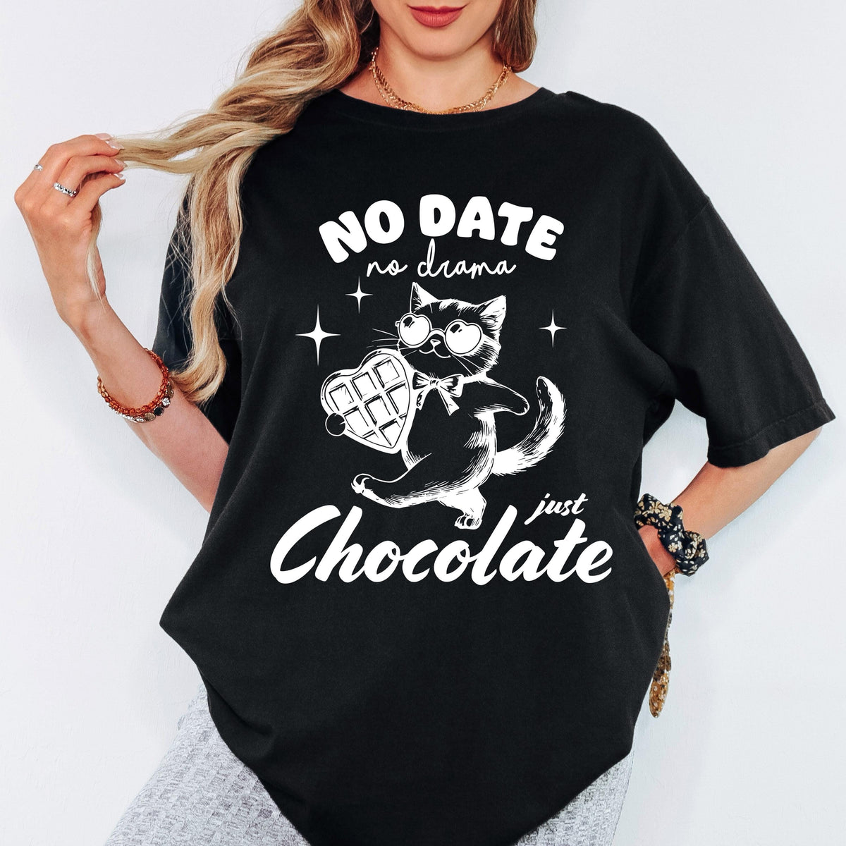 Comfort Colors® Personalized Shirt, No Date No Drama Just Chocolate Cat Tee, Funny Valentine Graphic Tshirt, Oversized Vintage Aesthetic Top