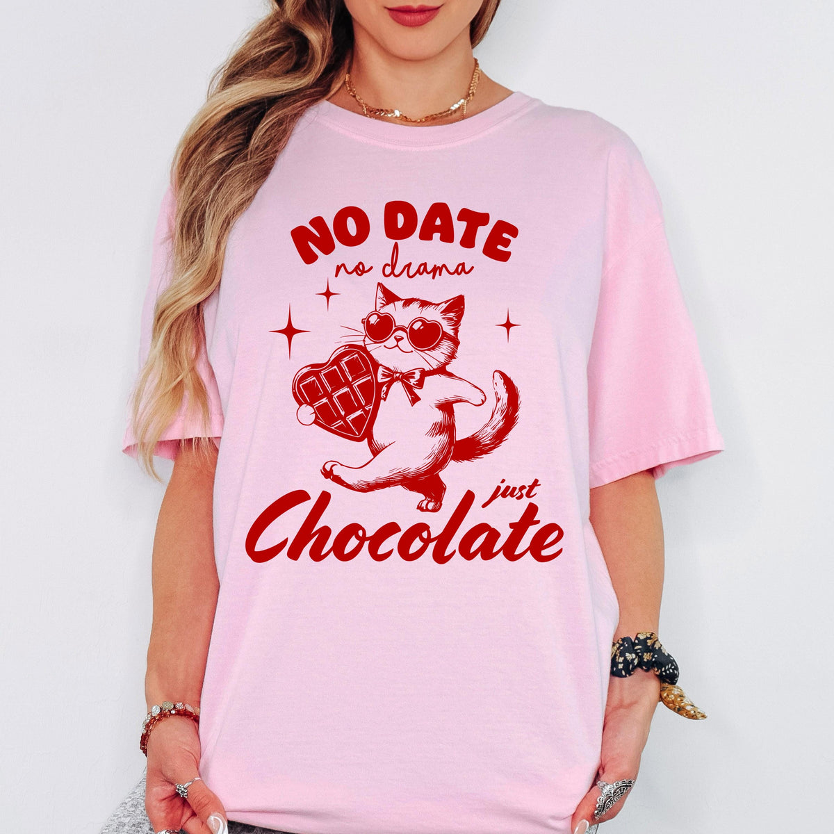 Comfort Colors® Personalized Shirt, No Date No Drama Just Chocolate Cat Tee, Funny Valentine Graphic Tshirt, Oversized Vintage Aesthetic Top
