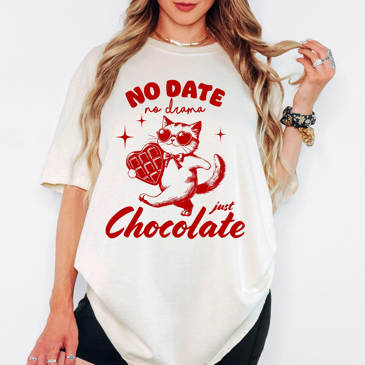 Comfort Colors® Personalized Shirt, No Date No Drama Just Chocolate Cat Tee, Funny Valentine Graphic Tshirt, Oversized Vintage Aesthetic Top