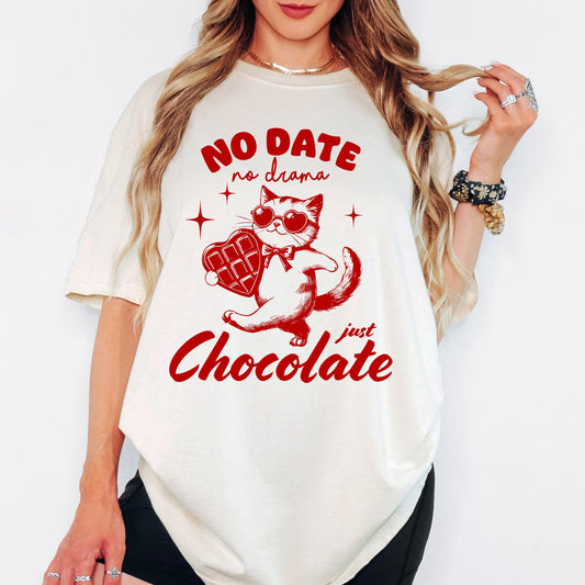 Comfort Colors® Personalized Shirt, No Date No Drama Just Chocolate Cat Tee, Funny Valentine Graphic Tshirt, Oversized Vintage Aesthetic Top