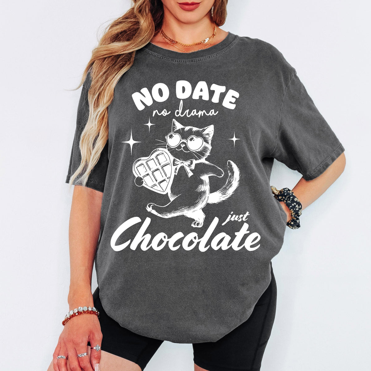 Comfort Colors® Personalized Shirt, No Date No Drama Just Chocolate Cat Tee, Funny Valentine Graphic Tshirt, Oversized Vintage Aesthetic Top