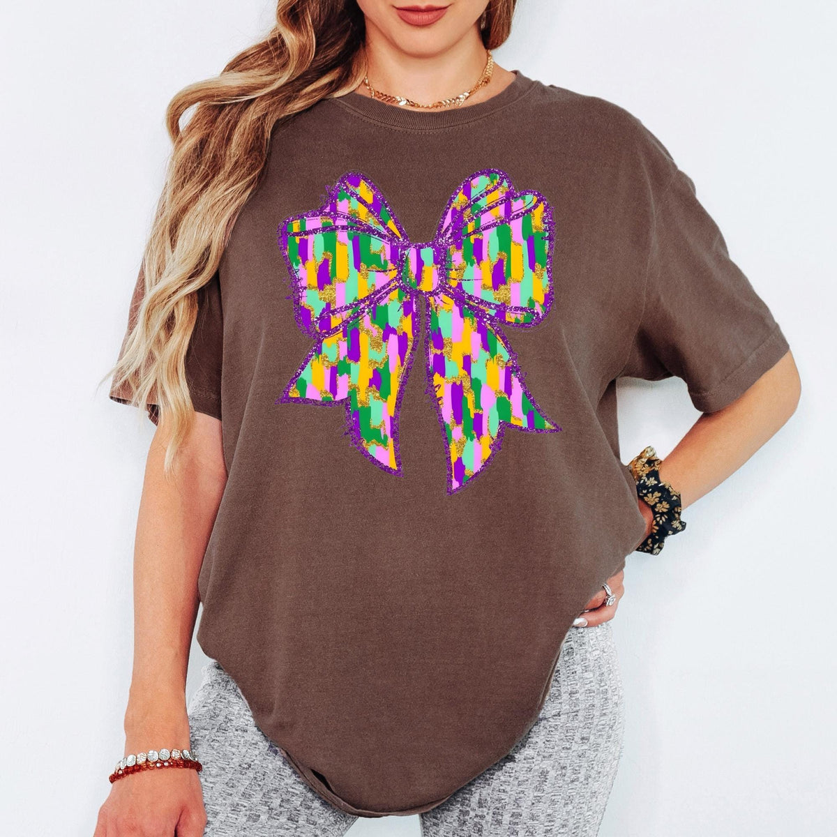 Comfort Colors® Mardi Gras Colorful Bow Graphic Tee, Purple Gold Green Carnival Tshirt, Oversized Vintage Aesthetic Top