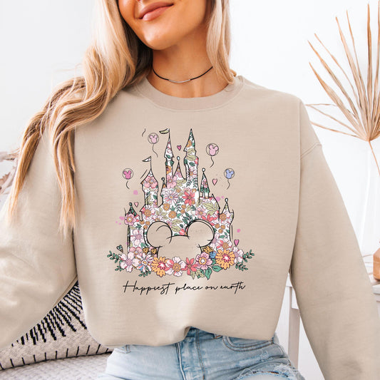 Disney Sweatshirt Happiest Place On Earth Shirt Magic Kingdom Sweat Matching Disney Castle Shirt Cute Retro Floral Disney Castle Hoodie