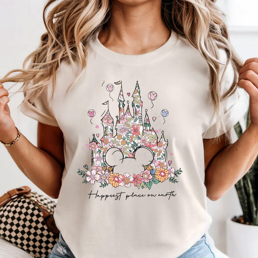 Comfort Colors® Disney Shirt Happiest Place On Earth Tee Cute Retro Floral Magical Castle Long Sleeve Shirt