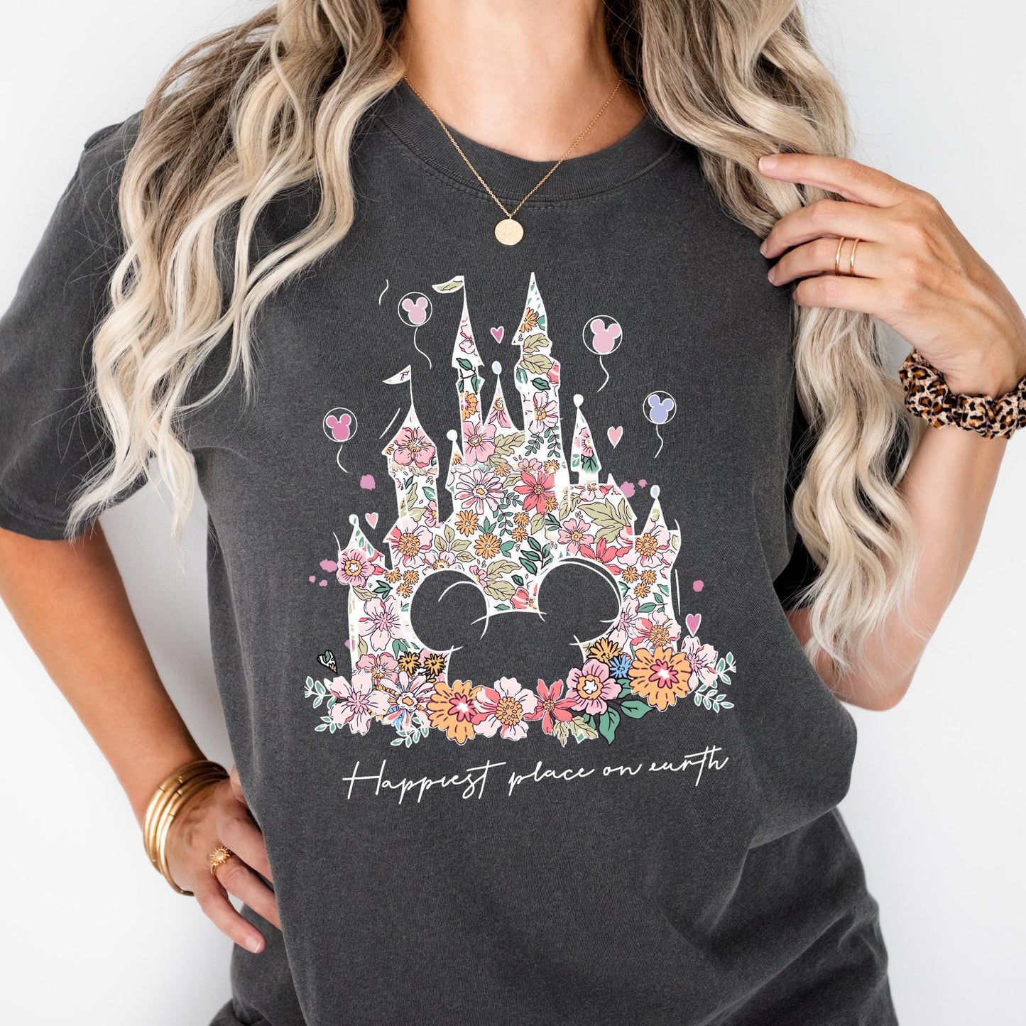 Comfort Colors® Disney Shirt Happiest Place On Earth Tee Cute Retro Floral Magical Castle Long Sleeve Shirt