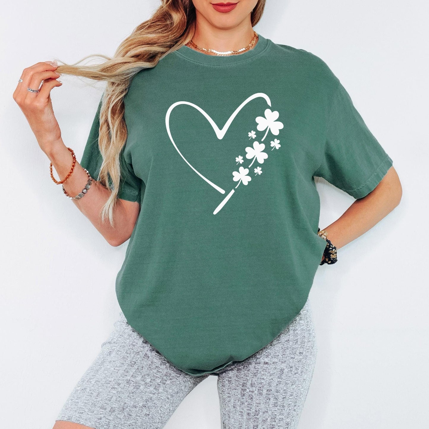 Comfort Colors® Heart Shamrock Graphic Shirt, Lucky Irish Tee for Women, Clover Heart St Patrick’s Day Top, Festive Paddy’s Outfit