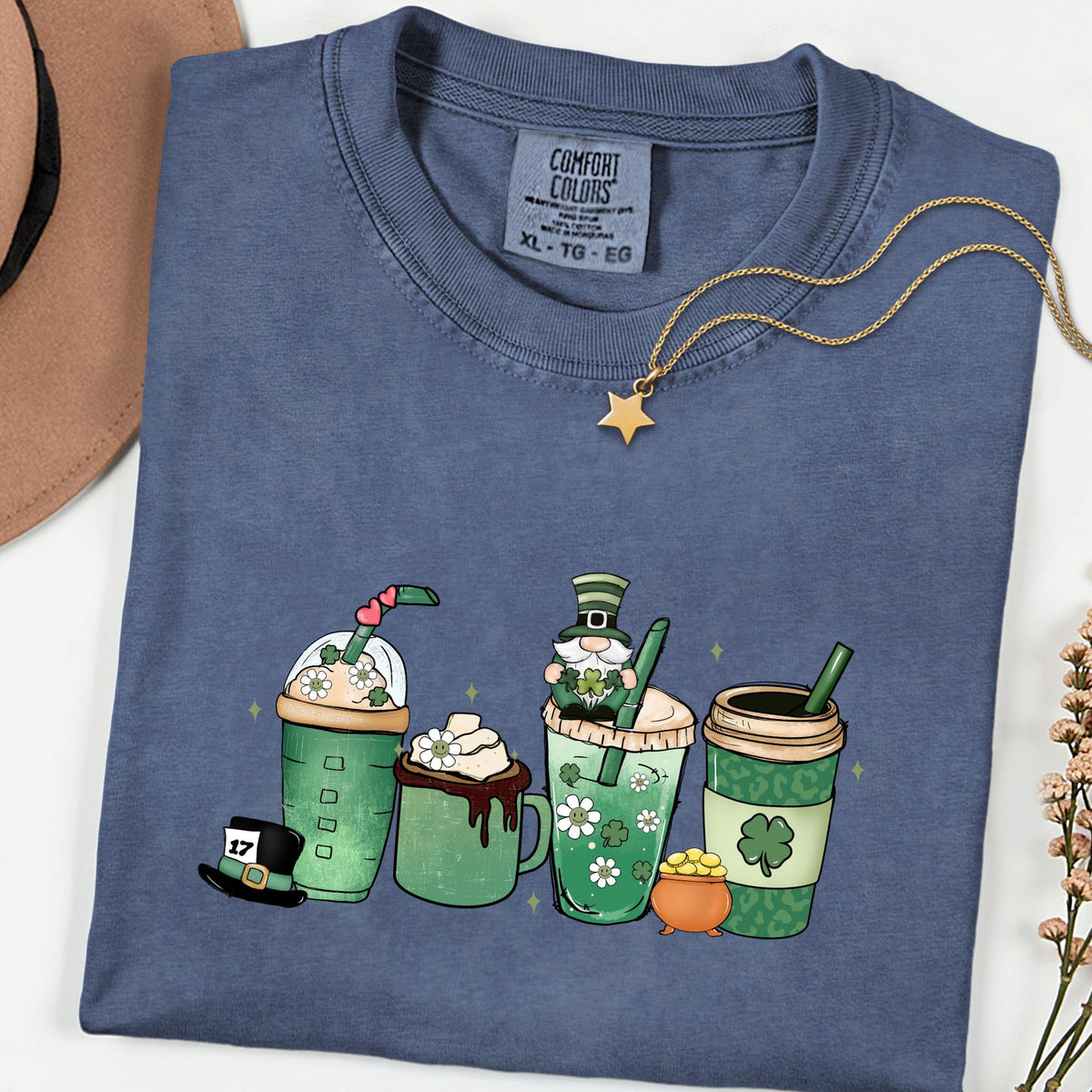 Comfort Colors® Women’s St. Patrick’s Day Coffee Shirt, Lucky A Latte Retro Shamrock Graphic Tee, Cute Irish Coffee Lover Gift