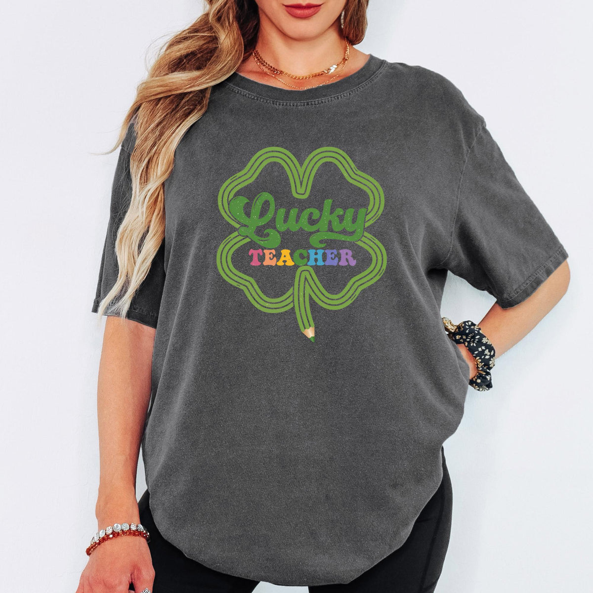 Comfort Colors® Lucky Teacher Shirt, St. Patrick’s Day Shamrock Teacher Tee, Irish Long Sleeve Gift for Teachers