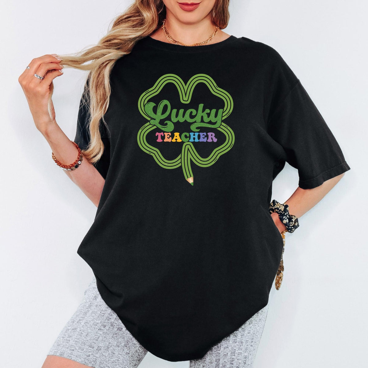 Comfort Colors® Lucky Teacher Shirt, St. Patrick’s Day Shamrock Teacher Tee, Irish Long Sleeve Gift for Teachers