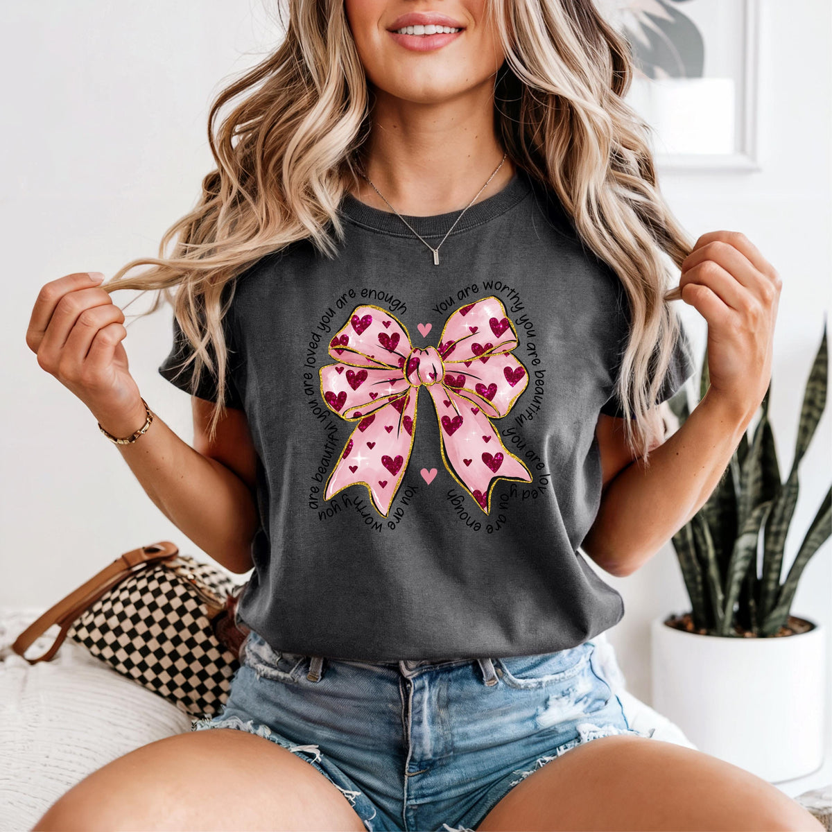 Comfort Colors Affirmation Bow Shirt, Self Love Graphic Tee, Pink Bow T-Shirt, Cute Positive Quote Top, Gift For Her