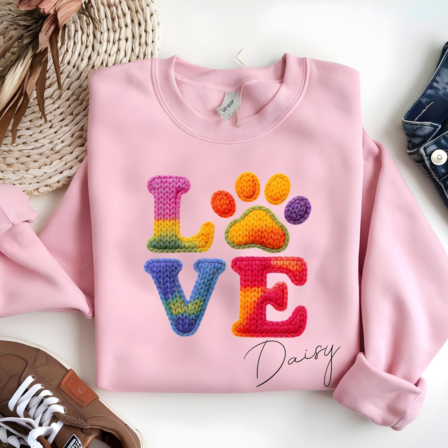 Custom Faux Yarn Love Sweatshirt Valentines Day Gift - Pet Lovers Knitting Hoodie Gifts For Her