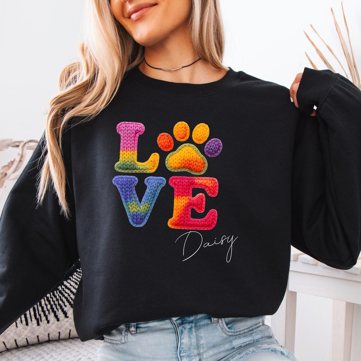 Custom Faux Yarn Love Sweatshirt Valentines Day Gift - Pet Lovers Knitting Hoodie Gifts For Her