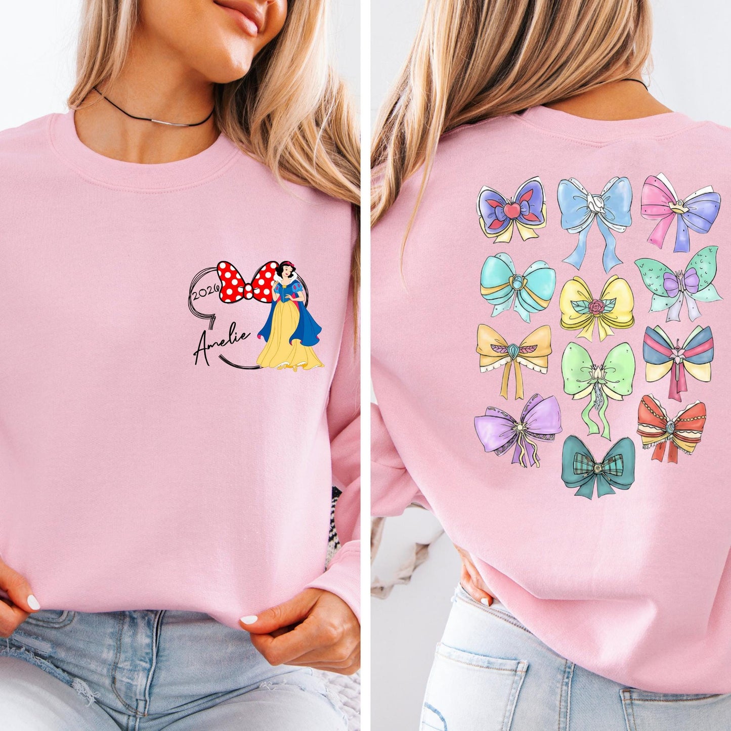 Personalized Retro Disney Princess Sweatshirt - Coquette Disney Princess Sweat, 2-Sided Disney Girl Bow Trip Hoodie