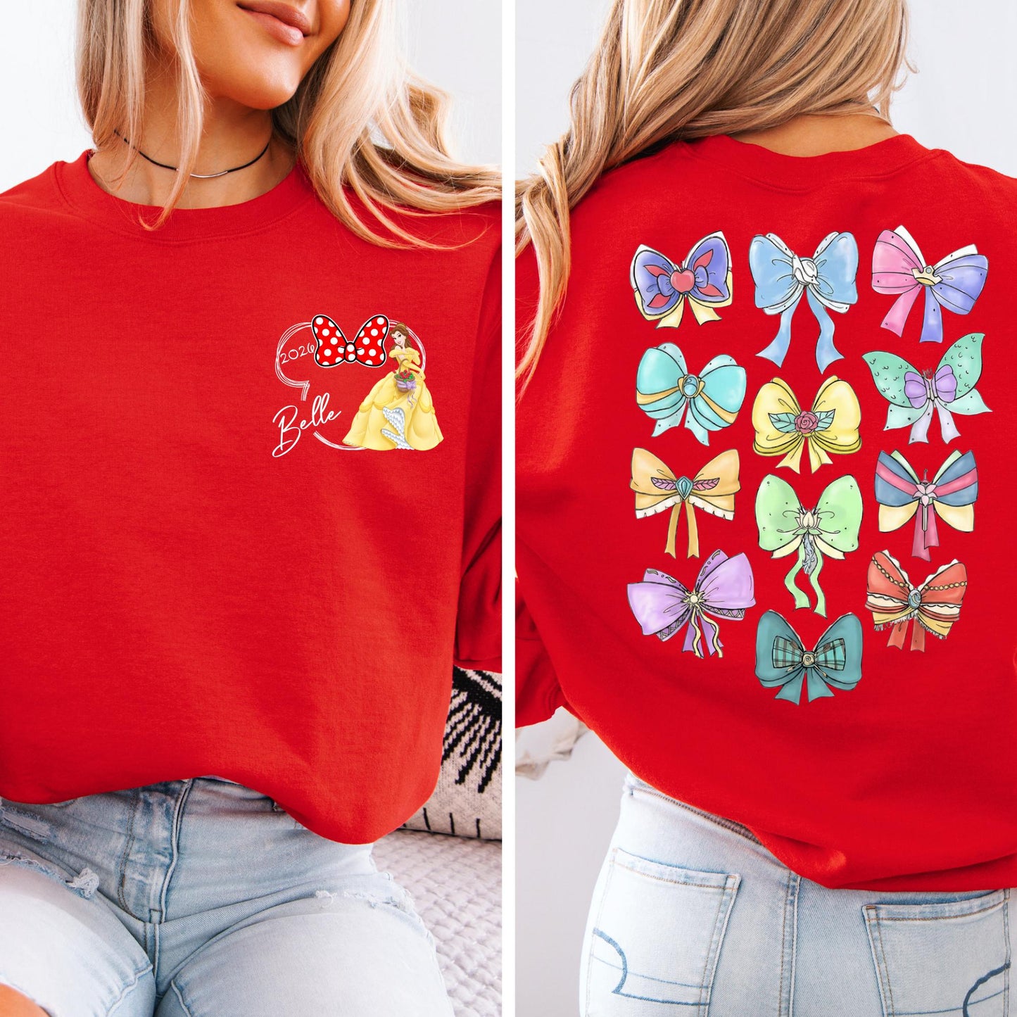 Personalized Retro Disney Princess Sweatshirt - Coquette Disney Princess Sweat, 2-Sided Disney Girl Bow Trip Hoodie