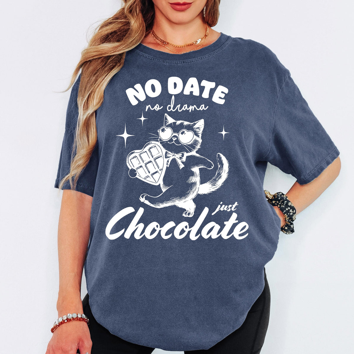 Comfort Colors® Personalized Shirt, No Date No Drama Just Chocolate Cat Tee, Funny Valentine Graphic Tshirt, Oversized Vintage Aesthetic Top