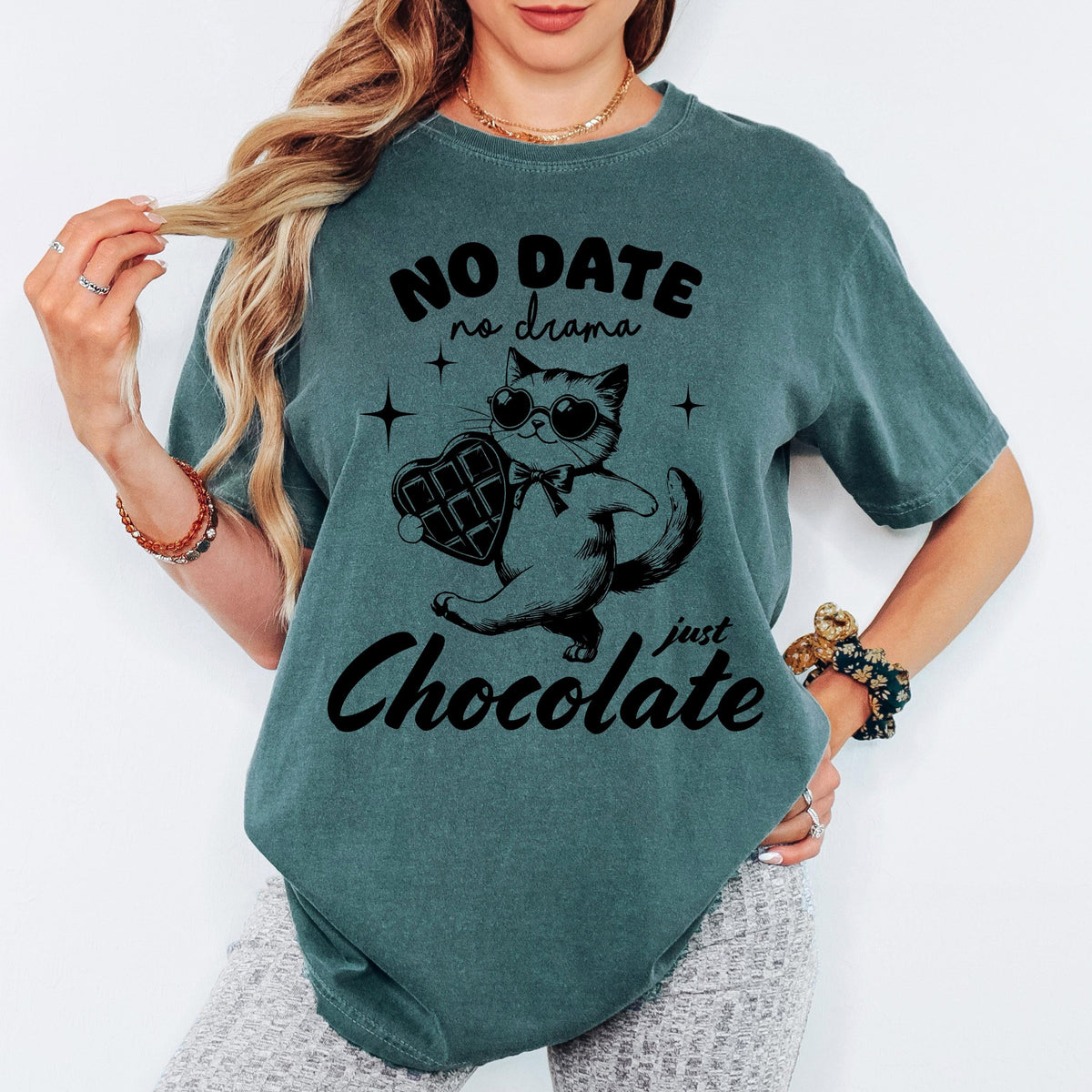 Comfort Colors® Personalized Shirt, No Date No Drama Just Chocolate Cat Tee, Funny Valentine Graphic Tshirt, Oversized Vintage Aesthetic Top