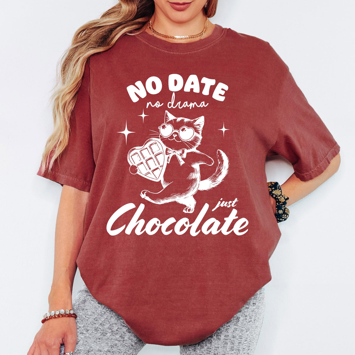 Comfort Colors® Personalized Shirt, No Date No Drama Just Chocolate Cat Tee, Funny Valentine Graphic Tshirt, Oversized Vintage Aesthetic Top