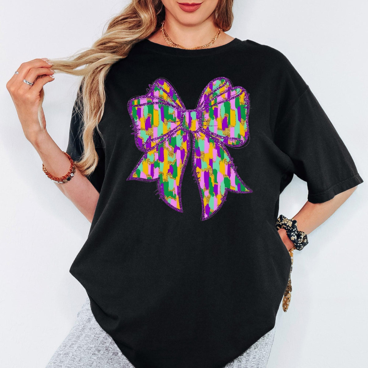 Comfort Colors® Mardi Gras Colorful Bow Graphic Tee, Purple Gold Green Carnival Tshirt, Oversized Vintage Aesthetic Top