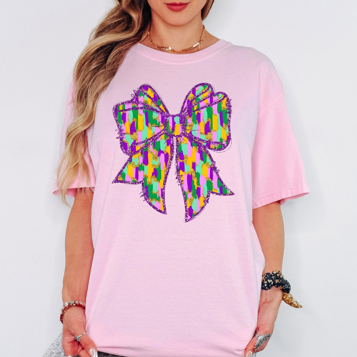 Comfort Colors® Mardi Gras Colorful Bow Graphic Tee, Purple Gold Green Carnival Tshirt, Oversized Vintage Aesthetic Top