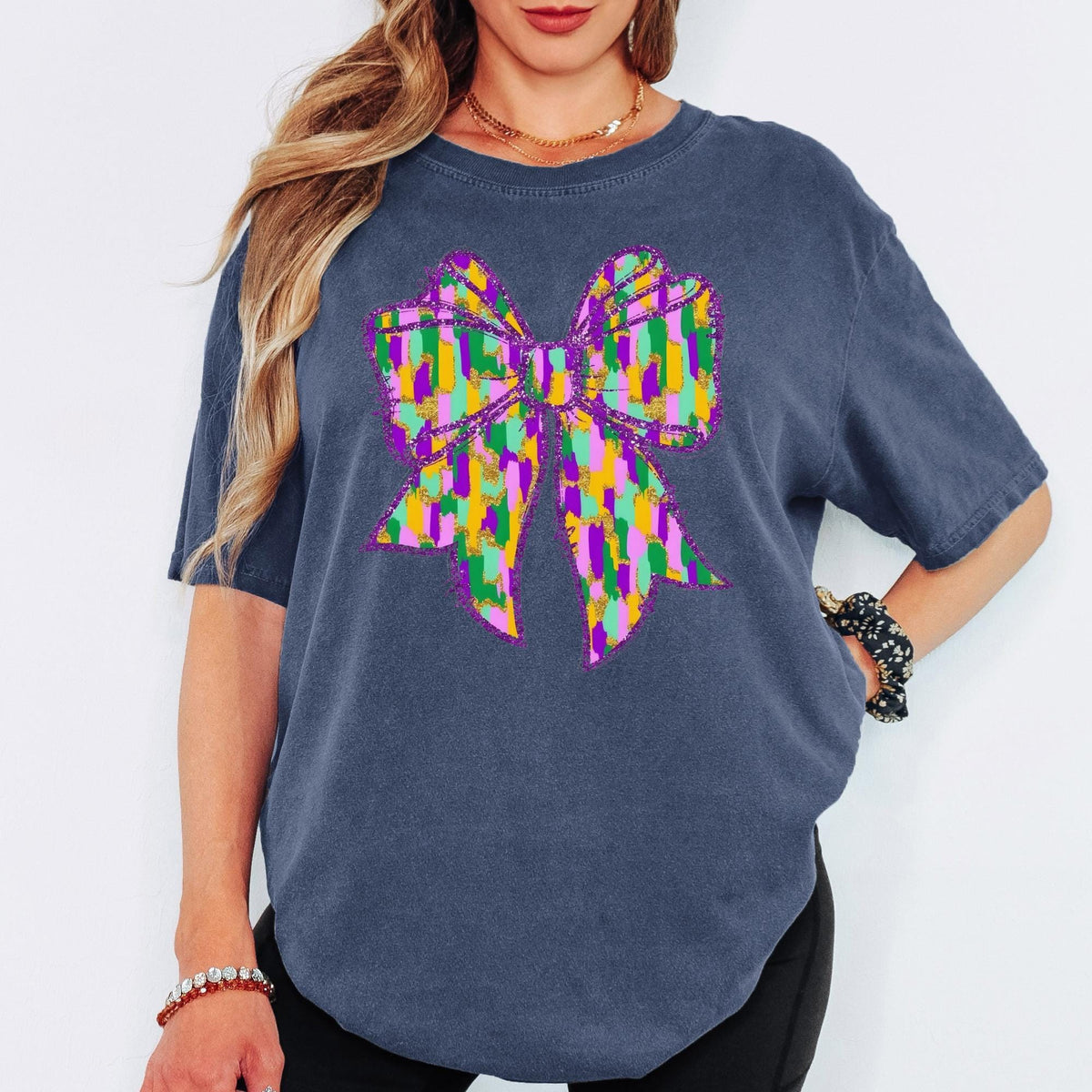 Comfort Colors® Mardi Gras Colorful Bow Graphic Tee, Purple Gold Green Carnival Tshirt, Oversized Vintage Aesthetic Top