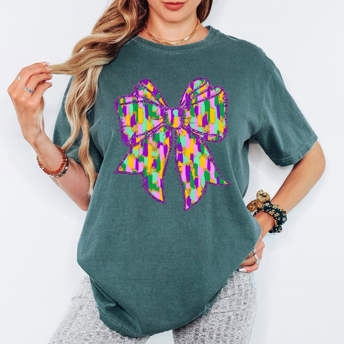 Comfort Colors® Mardi Gras Colorful Bow Graphic Tee, Purple Gold Green Carnival Tshirt, Oversized Vintage Aesthetic Top