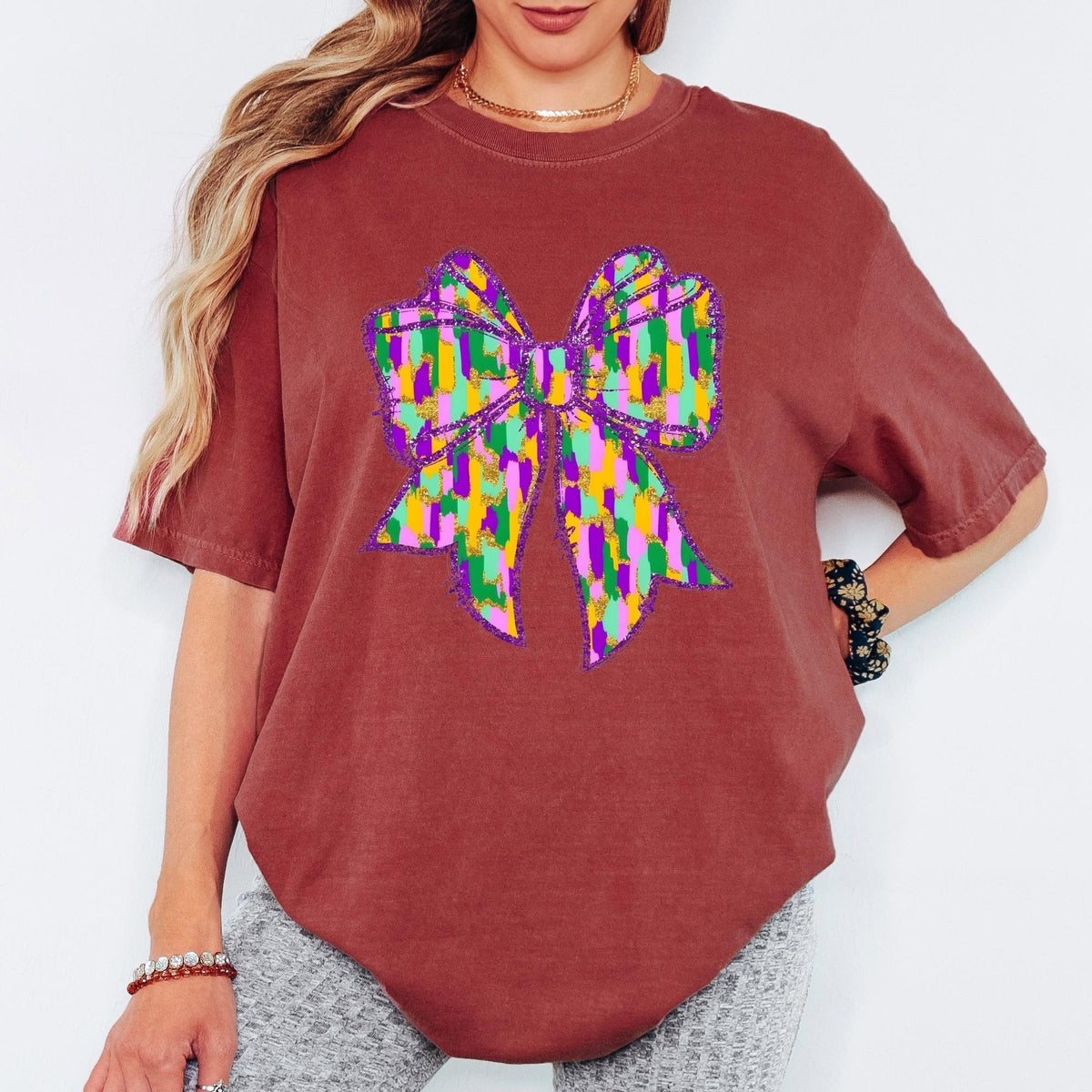 Comfort Colors® Mardi Gras Colorful Bow Graphic Tee, Purple Gold Green Carnival Tshirt, Oversized Vintage Aesthetic Top