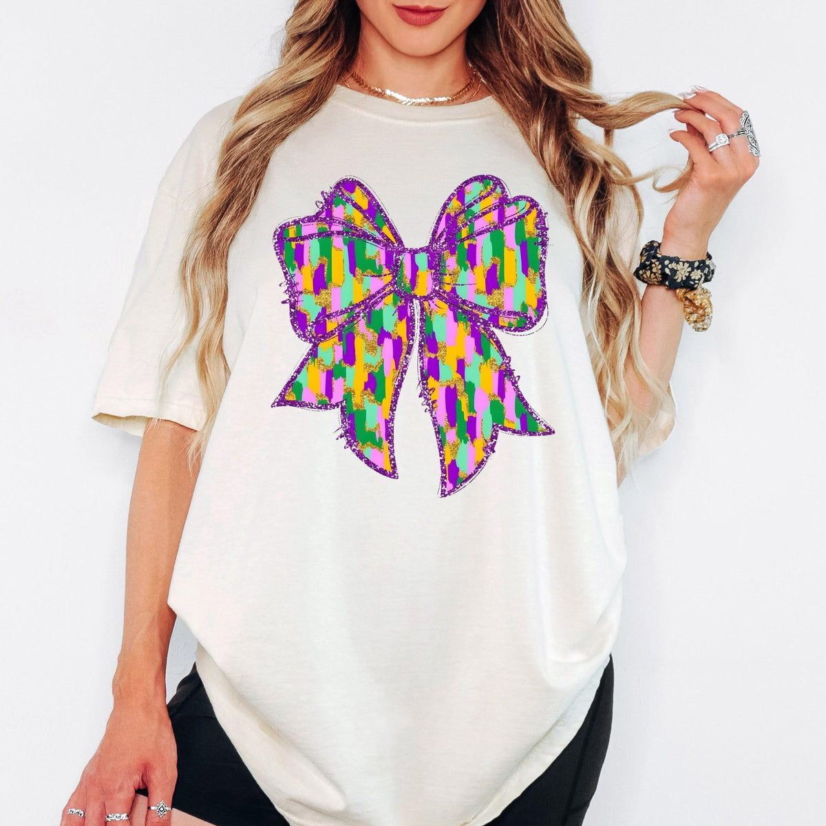 Comfort Colors® Mardi Gras Colorful Bow Graphic Tee, Purple Gold Green Carnival Tshirt, Oversized Vintage Aesthetic Top