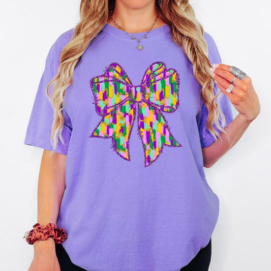 Comfort Colors® Mardi Gras Colorful Bow Graphic Tee, Purple Gold Green Carnival Tshirt, Oversized Vintage Aesthetic Top