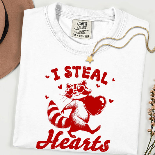 I Steal Hearts Shirt, Cute Raccoon Valentine Tee, Funny Love Graphic T Shirt, Comfort Colors Unisex Tee