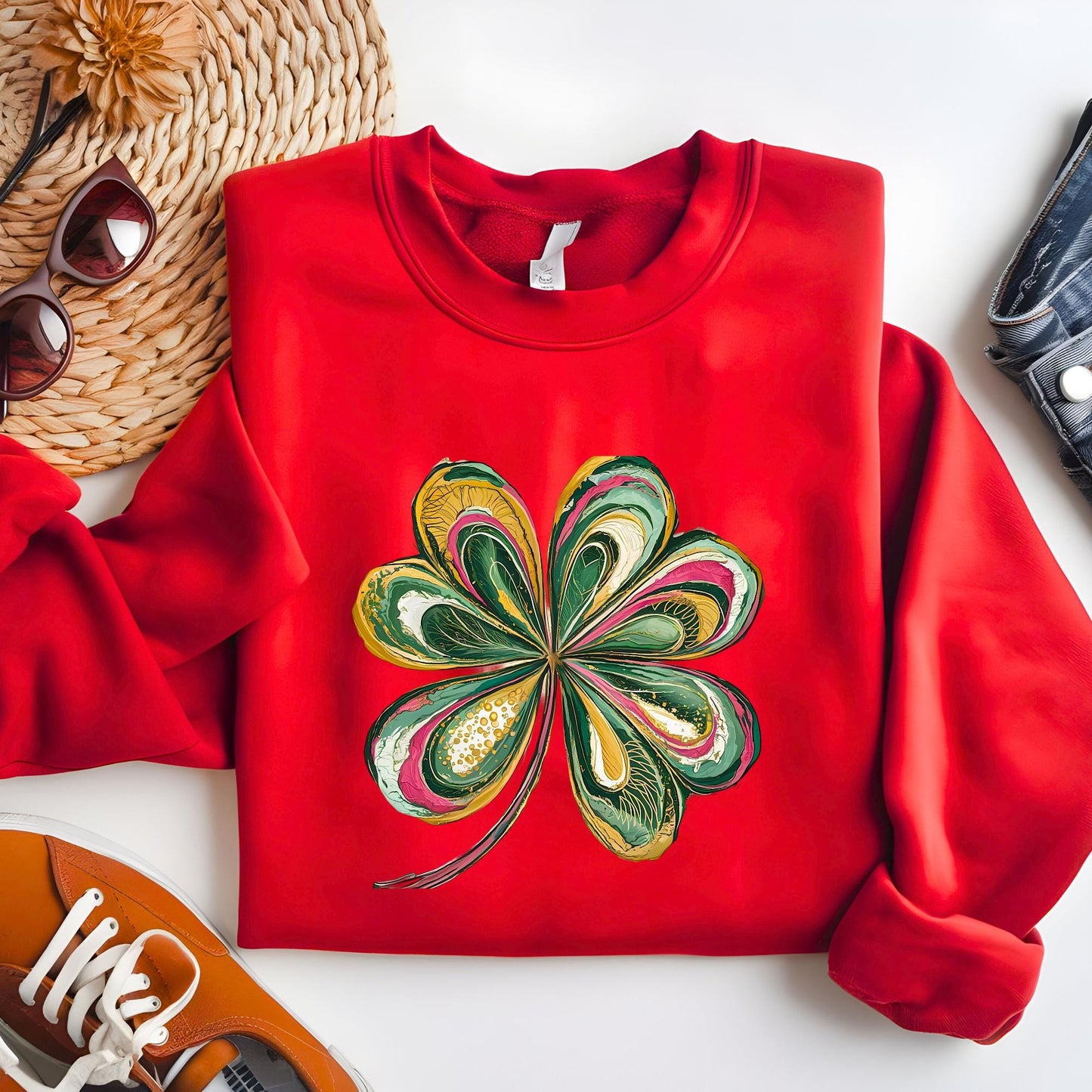 St Patricks Day Sweatshirt Lucky Shamrock Sweat Cute Saint Patrick's Party Tee Watercolor Four Leaf Clover Hoodie Irish Retro Shenanigans