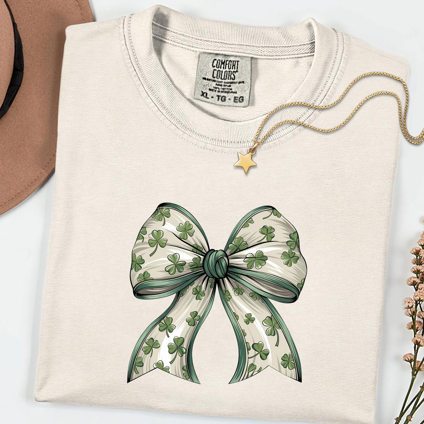 Comfort Colors® Coquette Clover Shirt, Long Sleeve Lucky Irish Tee, Minimal Bow Shamrock Top for St Patrick’s Day