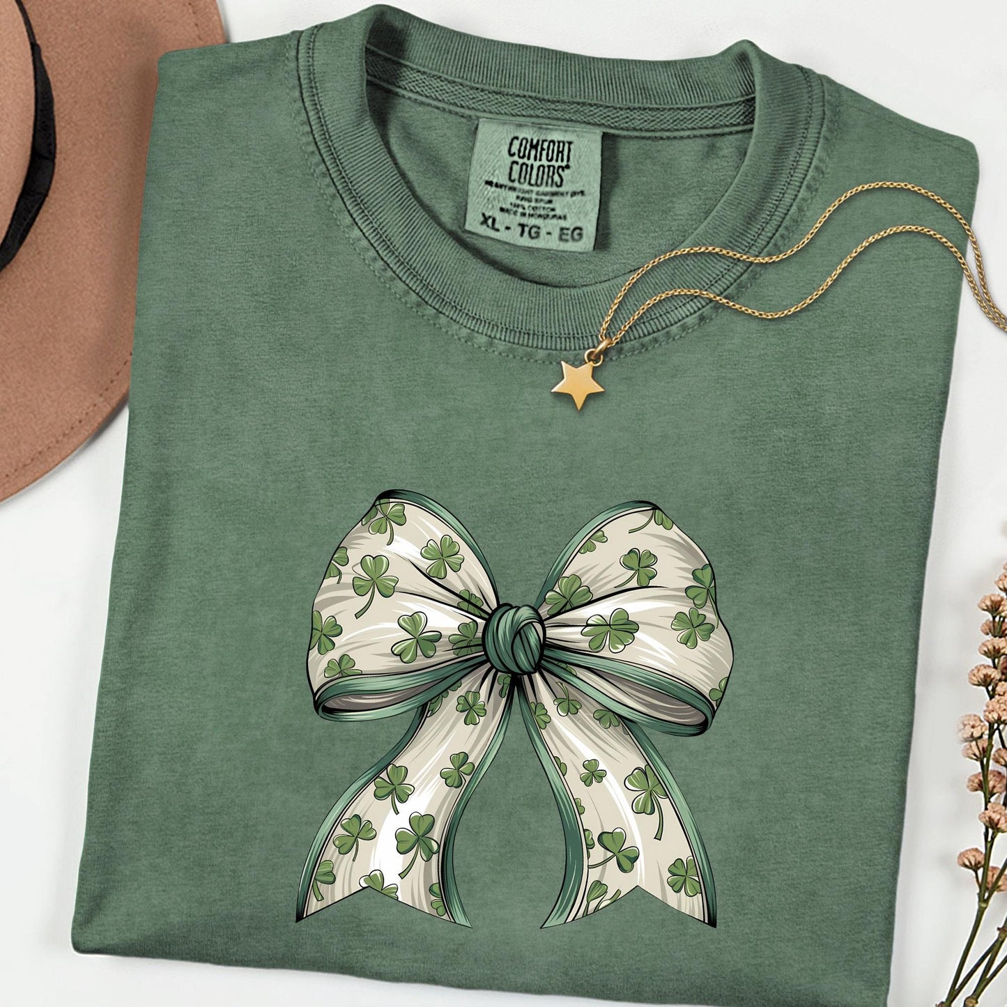 Comfort Colors® Coquette Clover Shirt, Long Sleeve Lucky Irish Tee, Minimal Bow Shamrock Top for St Patrick’s Day