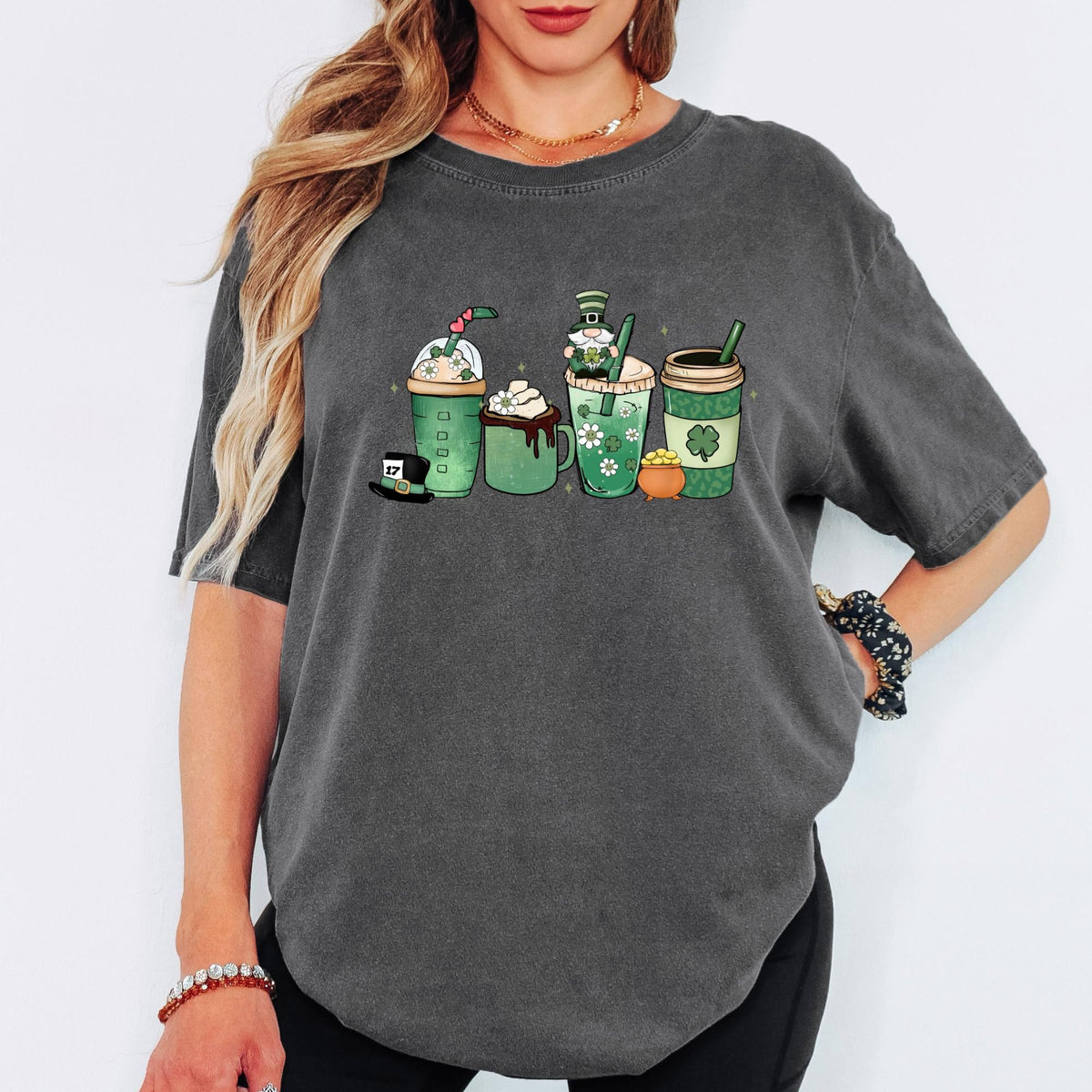 Comfort Colors® Women’s St. Patrick’s Day Coffee Shirt, Lucky A Latte Retro Shamrock Graphic Tee, Cute Irish Coffee Lover Gift