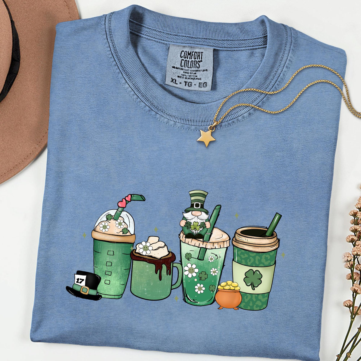 Comfort Colors® Women’s St. Patrick’s Day Coffee Shirt, Lucky A Latte Retro Shamrock Graphic Tee, Cute Irish Coffee Lover Gift