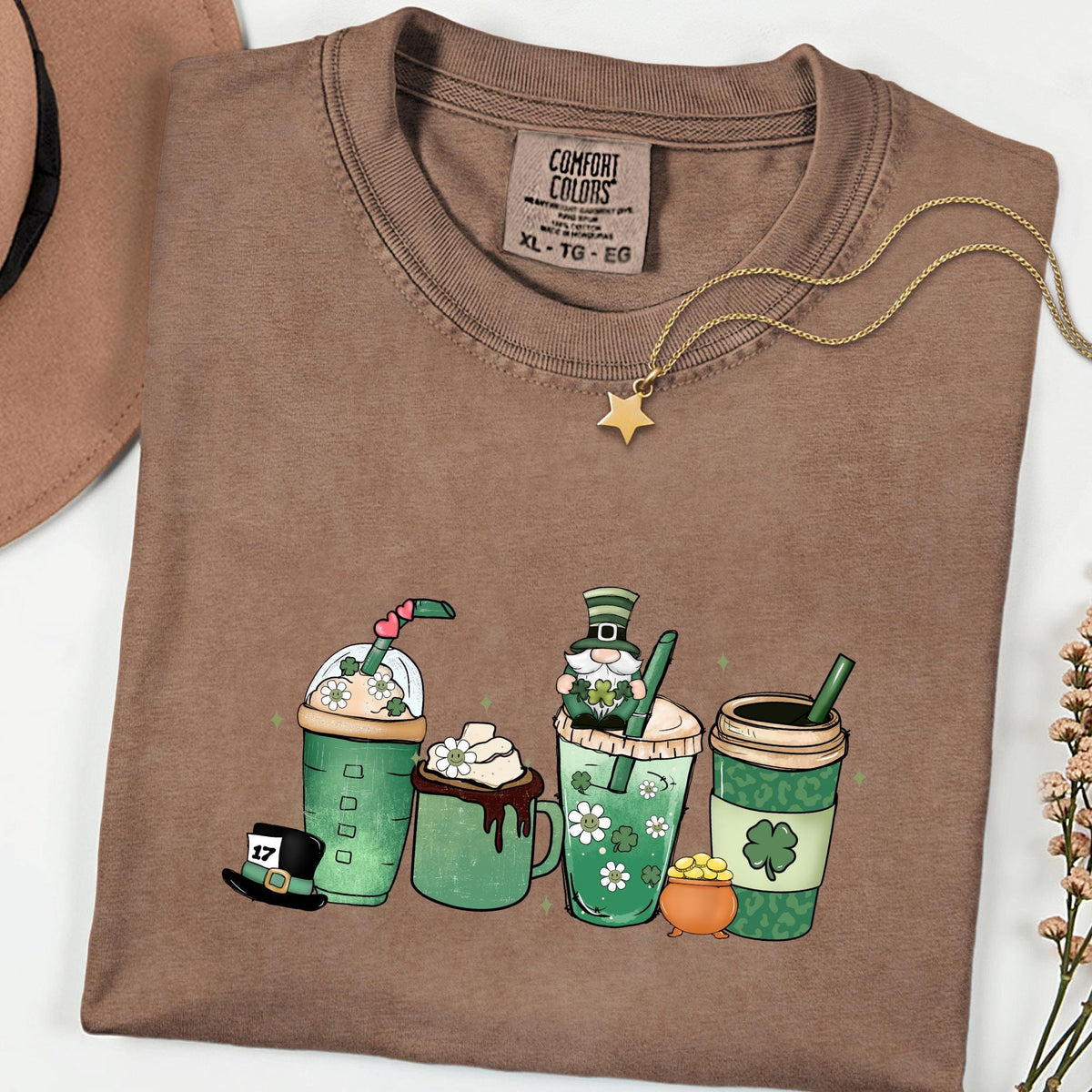 Comfort Colors® Women’s St. Patrick’s Day Coffee Shirt, Lucky A Latte Retro Shamrock Graphic Tee, Cute Irish Coffee Lover Gift