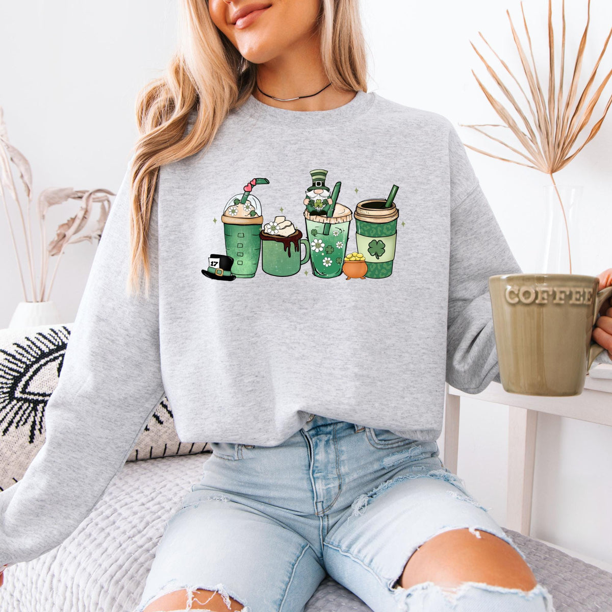 Lucky Coffee St. Patrick’s Day Sweatshirt, Retro Shamrock Coffee Lover Hoodie, Irish Lucky Clover Sweatshirt